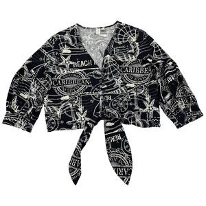 Joie Knotted Crop Top Sz XL Blue Caribean Tropical Print 3/4 Sleeve Linen Blend